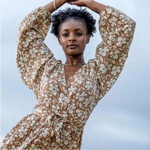 OUTERKNOWN Lulu Brown White Floral Organic Cotton Silk Hemp Mini Dress Tie Bow M